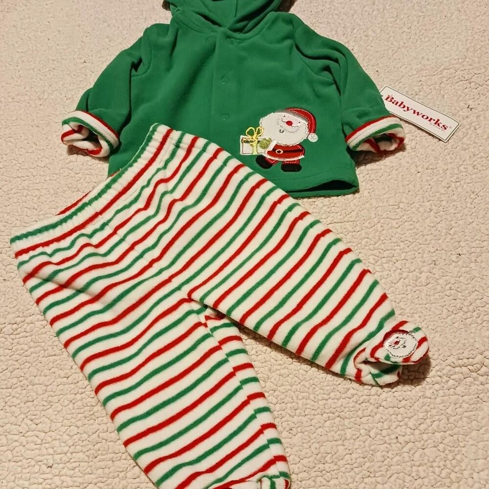 Baby Works Green Santa Hooded Outfit Set - Green/Red/White NWT 0-3 Months